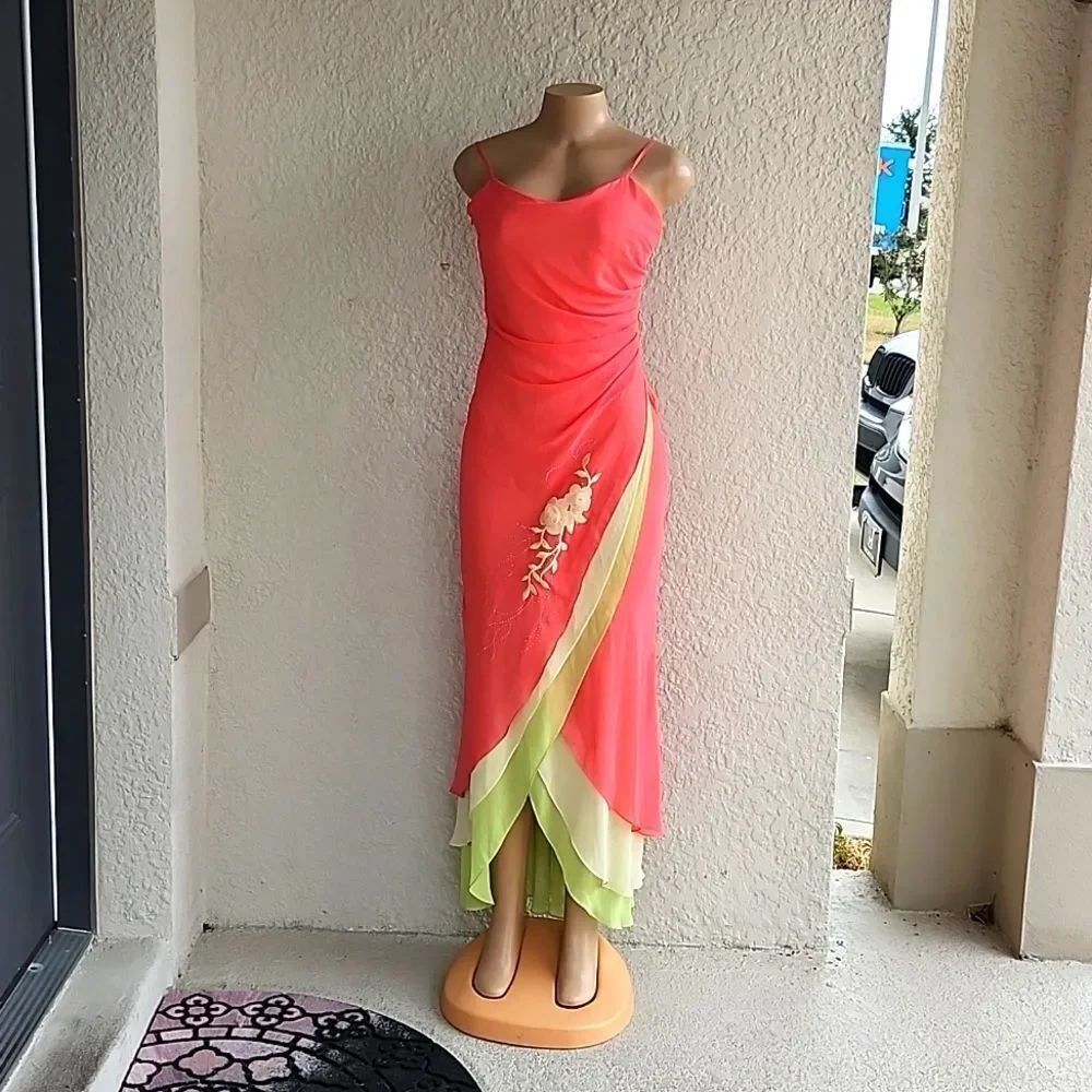 DOLLAR COLORBLOCK THREE LAYERS CHIFFON FLORAL PRINT DESIGN WOMEN'S DRESS